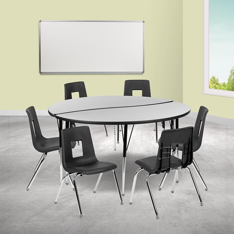 60" Circle Wave Collaborative Laminate Activity Table Set With 18" Student Stack Chairs, Grey/Black