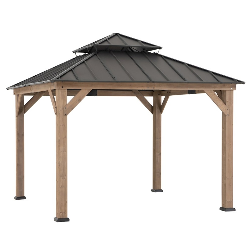 11 Ft. X 11 Ft. Brown 2-Tier Wooden Cedar Frame Patio Steel Hardtop Gazebo