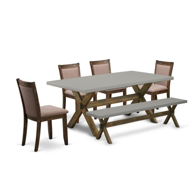 East West Furniture 6-Piece Cement-Top Dining Table Set with Bench and 4 Chairs