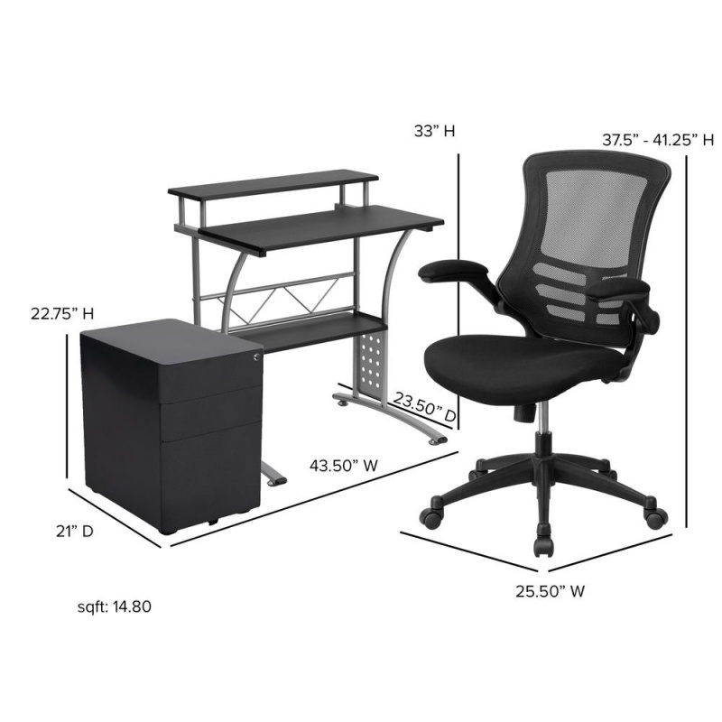 Work From Home Kit - Black Computer Desk, Ergonomic Mesh Office Chair And Locking Mobile Filing Cabinet With Side Handles