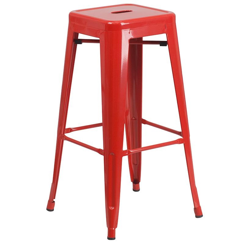 30" High Backless Red Metal Indoor-Outdoor Barstool With Square Seat