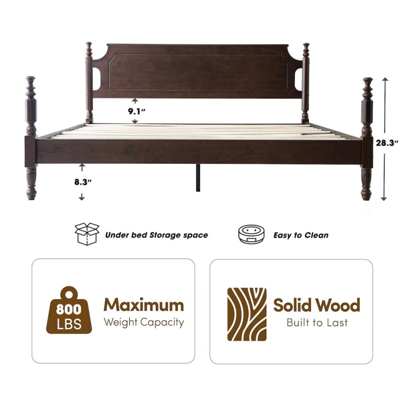 King Wooden Platform Bed, Dark Roast Oak Finish, Traditional Style
