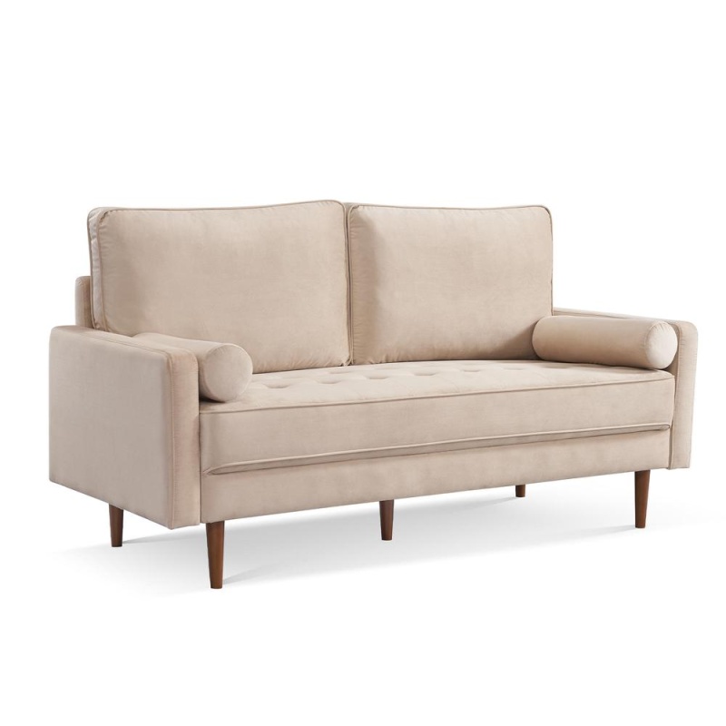 69 Inch Wide Upholstered Two Cushion Sofa With Bolster Pillows