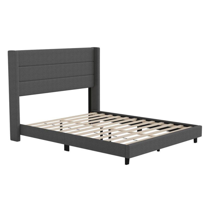 Hollis Queen Upholstered Platform Bed With Wingback Headboard, Mattress Foundation With Slatted Supports, No Box Spring Needed, Charcoal Faux Linen