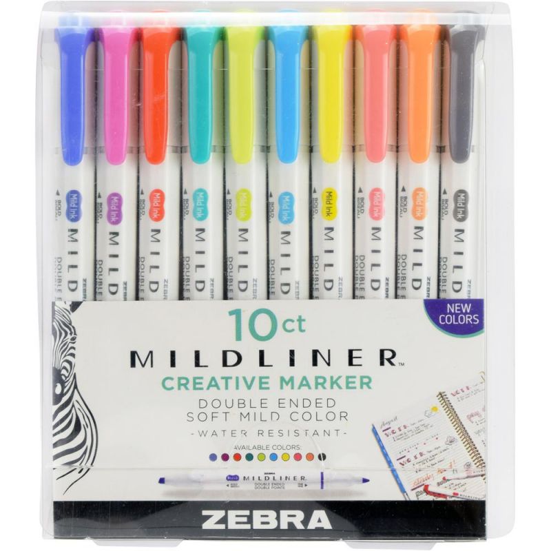 Zebra Pen Mildliner Double Ended Highlighter - Fine, Bold Marker Point - Bullet, Chisel Marker Point Style - Mild Lavender, Mild Spring Green, Mild Citrus Green, Mild Marigold, Mild Fuchsia, Mild Dark