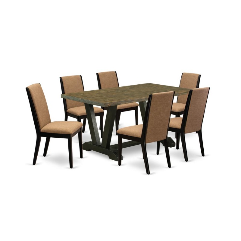 East West Furniture V676la147-7 7-Piece Stylish A Superb Distressed Jacobean Dining Table Top And 6 Gorgeous Linen Fabric Dining Chairs With Stylish Chair Back, Wire Brushed Black Finish