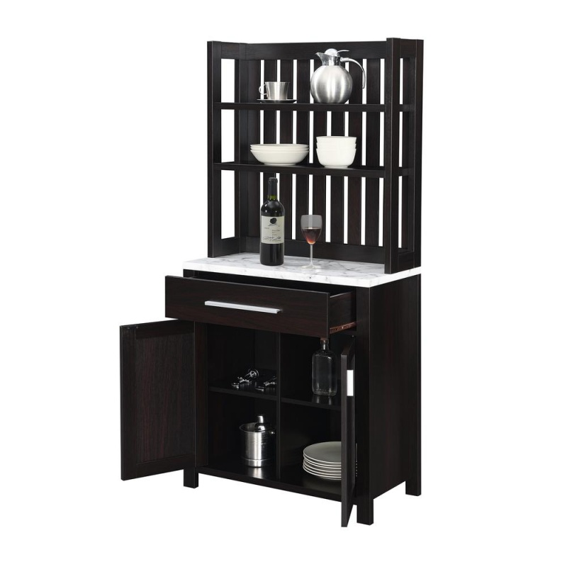 Sawyer Wine Bar With Cabinet, Faux White Marble/Espresso
