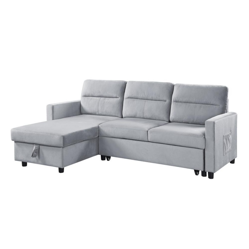 Ivy Light Gray Velvet Reversible Sleeper Sectional Sofa With Storage Chaise And Side Pocket
