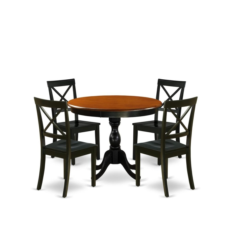 East West Furniture 5-Piece Round Table Set Contains A Dinner Table And 4 Dining Room Chairs With X-Back - Black Finish