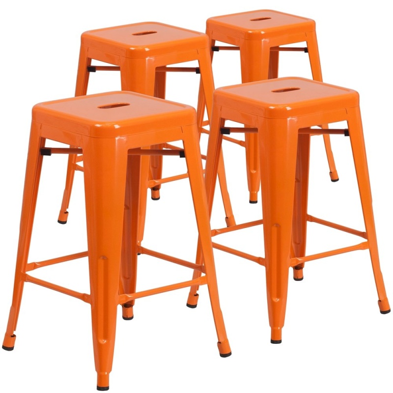 4 Pk. 24'' High Backless Orange Metal Counter Height Stool