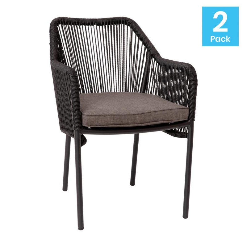 Kallie Set Of 2 All-Weather Black Woven Stacking Club Chairs With Rounded Arms & Gray Zippered Seat Cushions