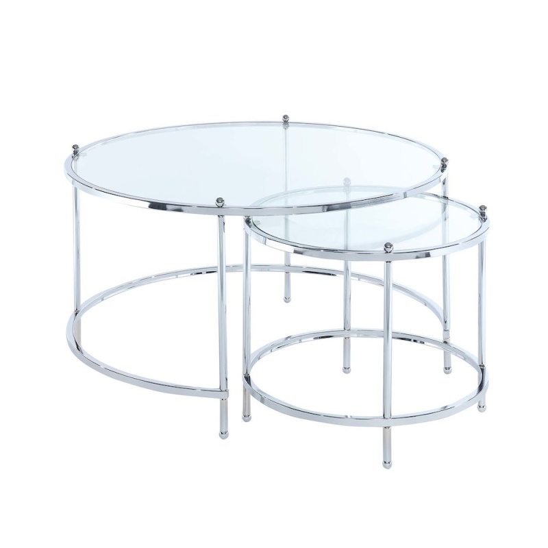 Royal Crest Nesting Round Glass Coffee Tables, Clear Glass/Chrome Frame