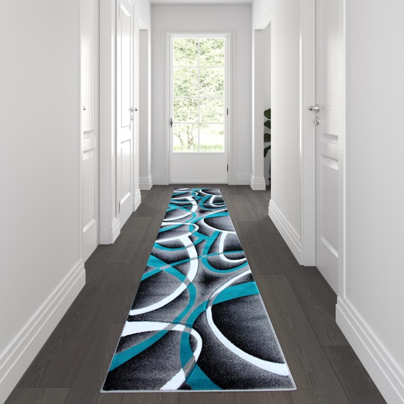Atlan Collection 3' X 10' Turquoise Abstract Area Rug - Olefin Rug With Jute Backing - Entryway, Living Room Or Bedroom