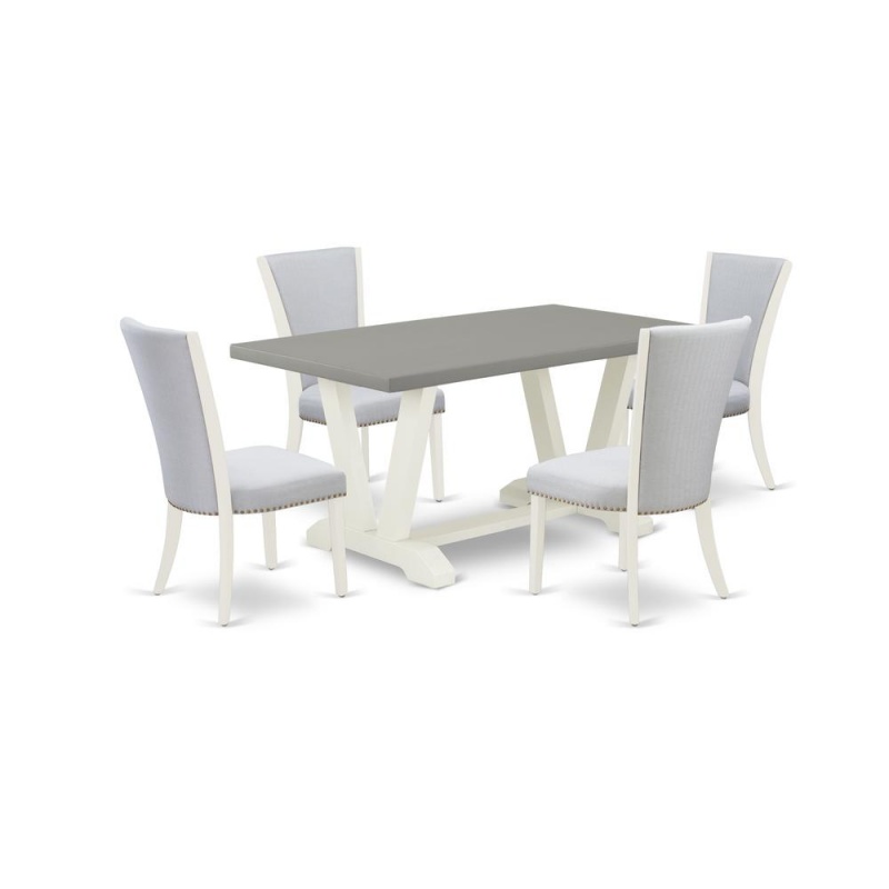 East West Furniture 5-Pc Dining Set Includes 4 Mid Century Modern Chairs With Upholstered Seat And Stylish Back-Rectangular Kitchen Table - Cement And Wirebrushed Linen White Finish