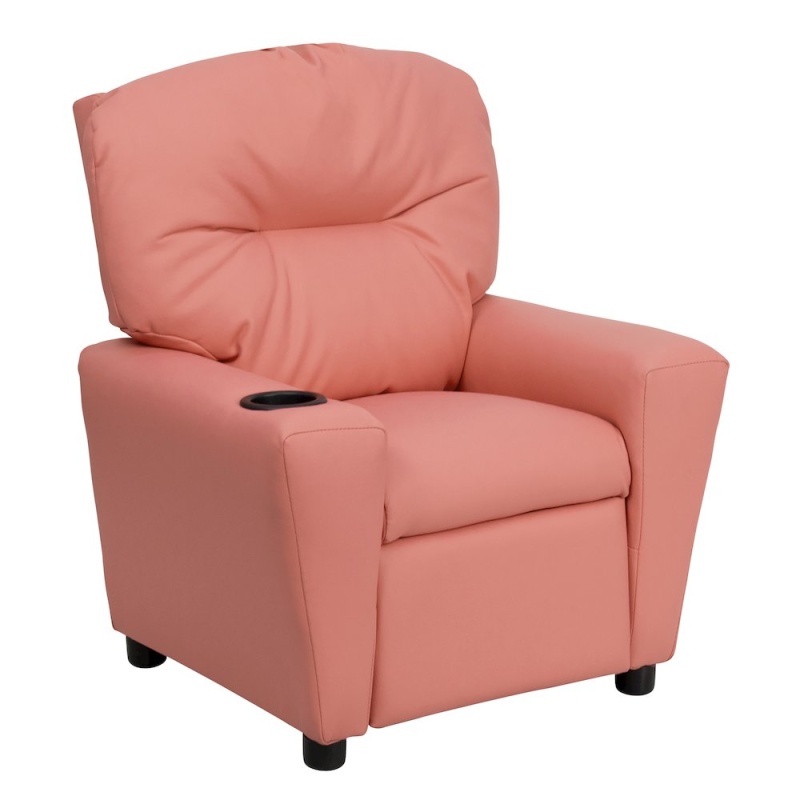 Contemporary Pink Vinyl Kids Recliner With Cup Holder