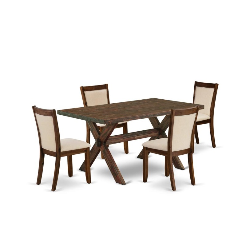 East West Furniture 5-Pc Dining Room Table Set Includes A Wooden Table And 4 Light Beige Linen Fabric Upholstered Chairs With Stylish Back - Distressed Jacobean Finish