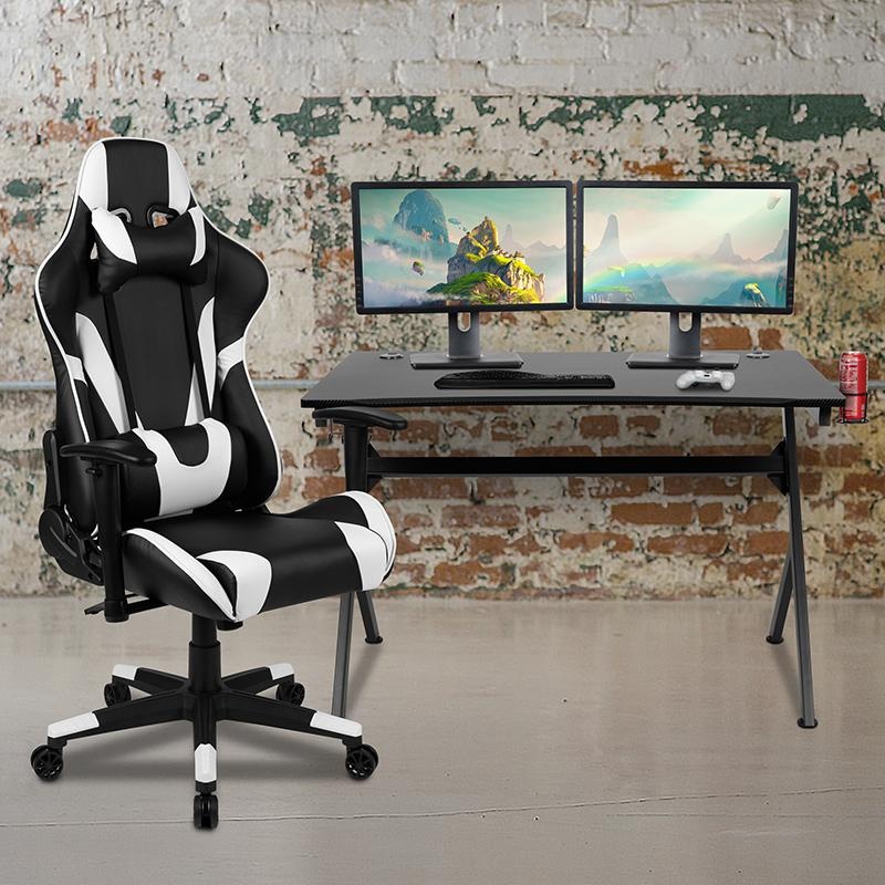 Black Gaming Desk And Black Reclining Gaming Chair Set With Cup Holder, Headphone Hook & 2 Wire Management Holes