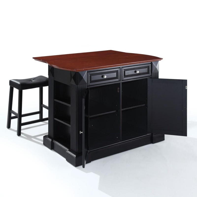 Coventry Drop Leaf Top Kitchen Island W/Uph Saddle Stools Black/Black - Kitchen Island, 2 Counter Height Bar Stools