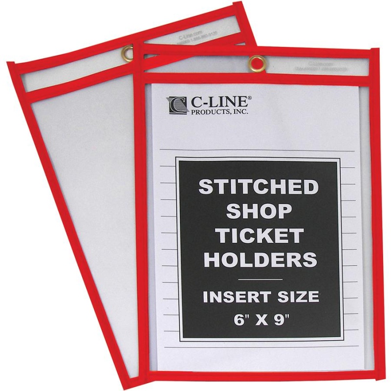 C-Line Hanging Strap Shop Ticket Holder - Support 6" X 9" Media - 25 / Box - Red, Clear