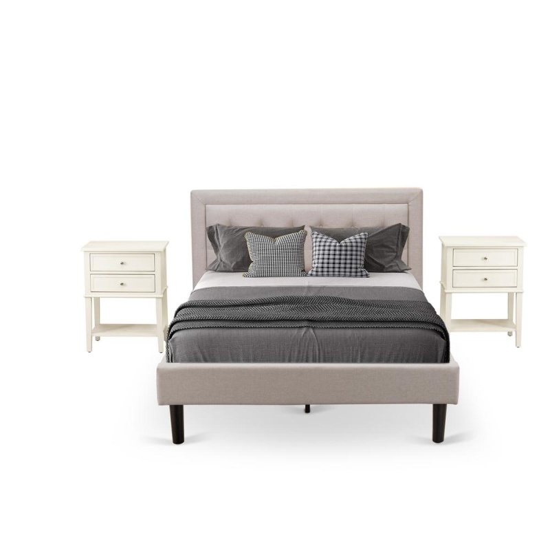 Fn08k-2Vl0c 3-Piece Platform Wooden Set For Bedroom With 1 King Size Bed And 2 Night Stands - Mist Beige Linen Fabric