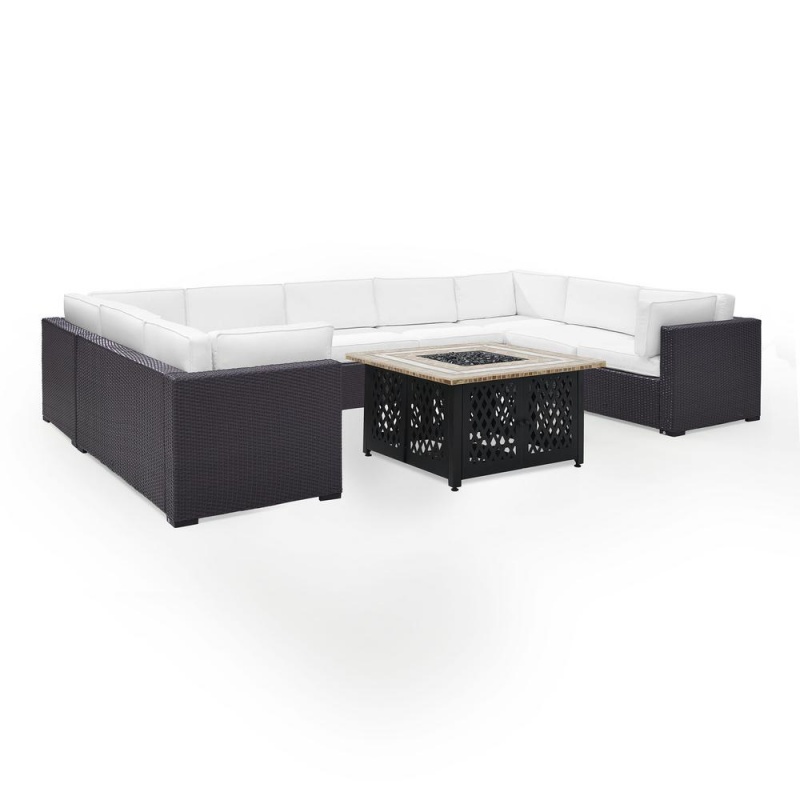 Biscayne 6Pc Outdoor Wicker Sectional Set W/Fire Table White/Brown - 4 Loveseats, Armless Chair, Tucson Firetable