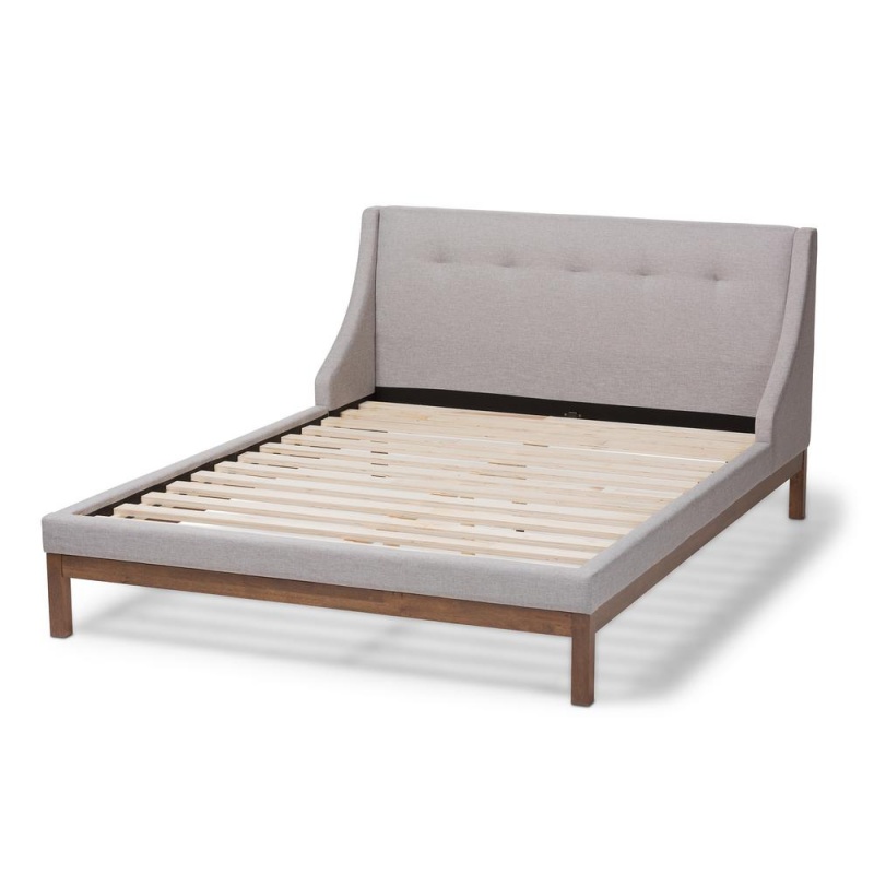 Louvain Modern And Contemporary Greyish Beige Fabric Upholstered Walnut-Finished Queen Sized Platform Bed