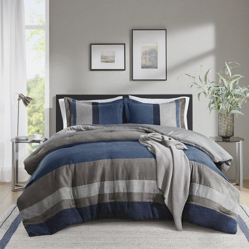 Boulder Stripe Pieced Faux Suede Comforter Set, Blue Color