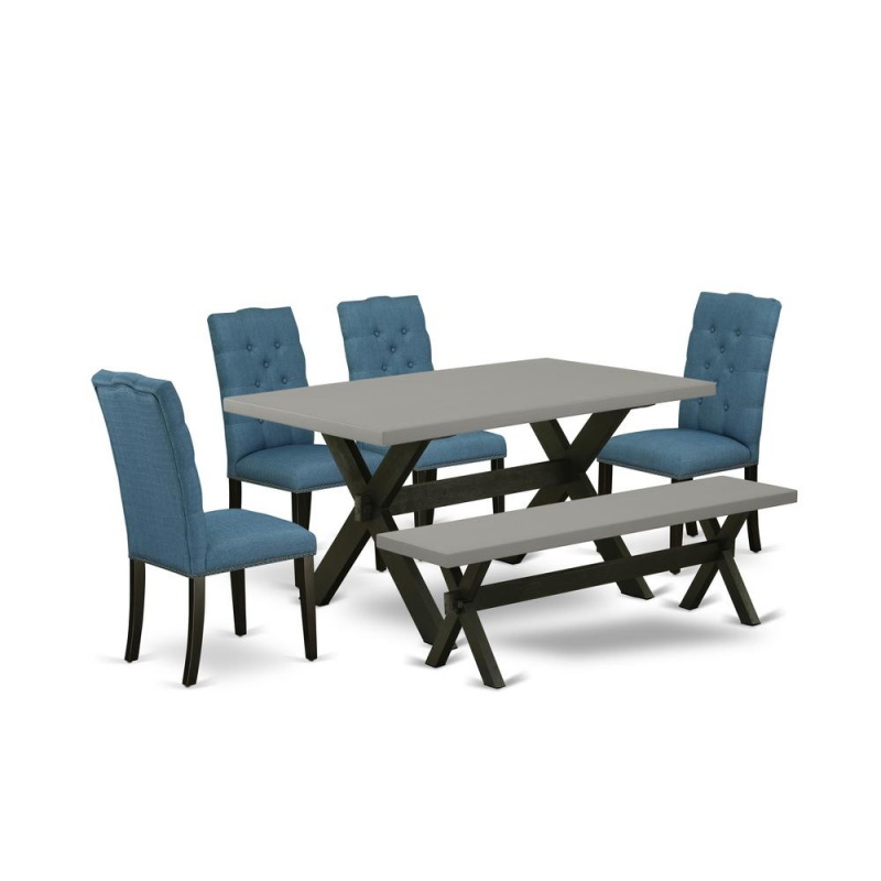 East West Furniture 6-Piece Fashionable Dining Set An Outstanding Cement Color Rectangular Table Top And Cement Color Dining Bench And 4 Attractive Linen Fabric Kitchen Parson Chairs With Nail Heads a