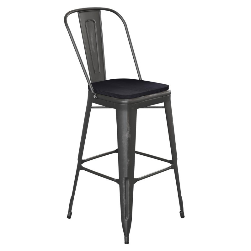 30" High Black Metal Indoor-Outdoor Barstool With Black Poly Resin Wood Seat