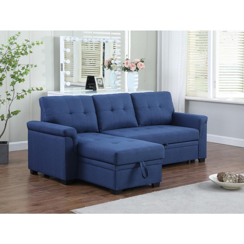 Lucca Blue Linen Reversible Sleeper Sectional Sofa With Storage Chaise