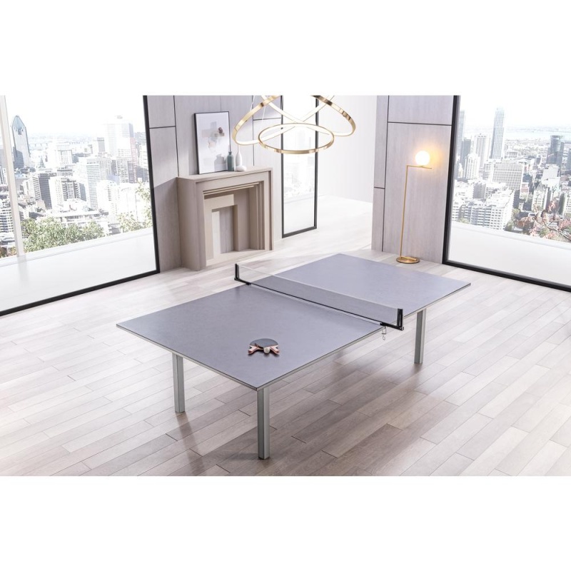Tiana Tennis Game Table, Can Be Used As Large Dining Table, Dark Grey Ceramic Glass Top. Metal Frame & Legs Powder Coated In Matte Black, Removable Net
