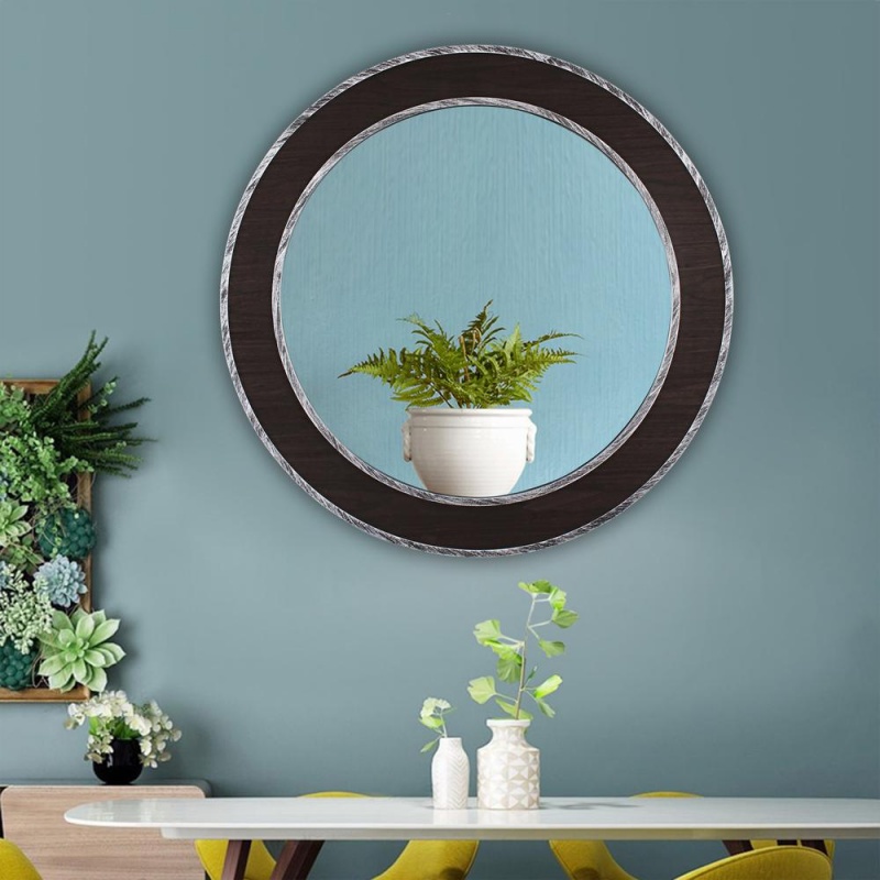 Chloe's Reflection Vertical Hanging Black-Wood Finish Circle Framed Wall Mirror 30" Height