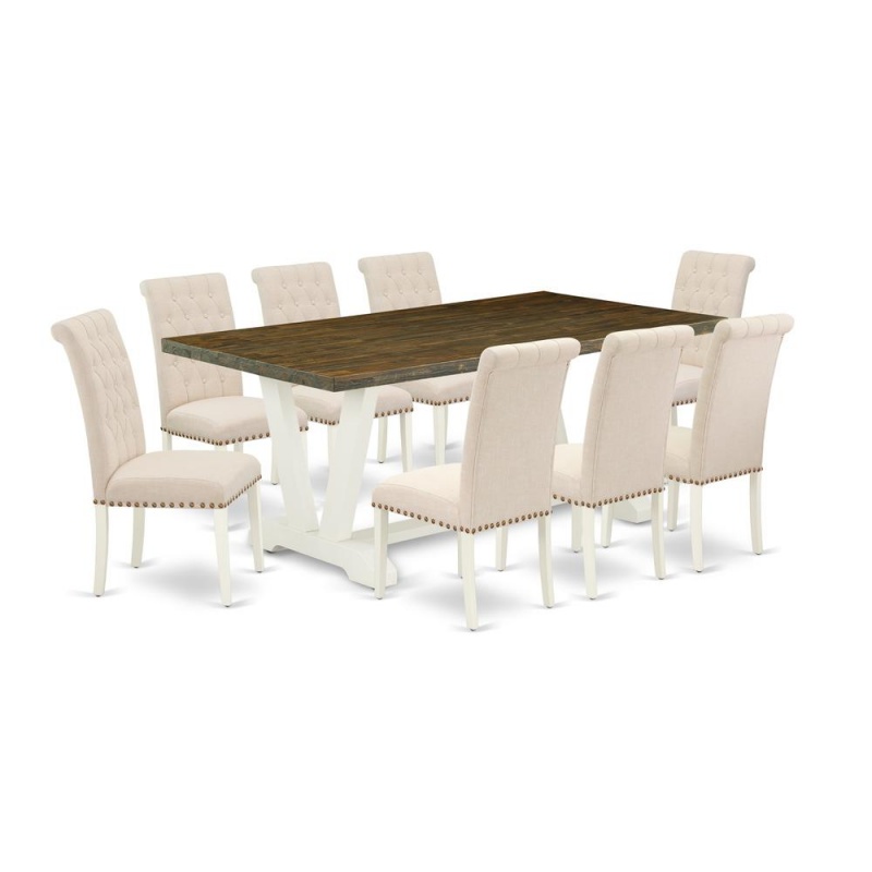East West Furniture V077br202-9 9-Piece Awesome Modern Dining Table Set An Excellent Distressed Jacobean Rectangular Table Top And 8 Lovely Linen Fabric Solid Wood Leg Chairs With Nail Heads And Butto