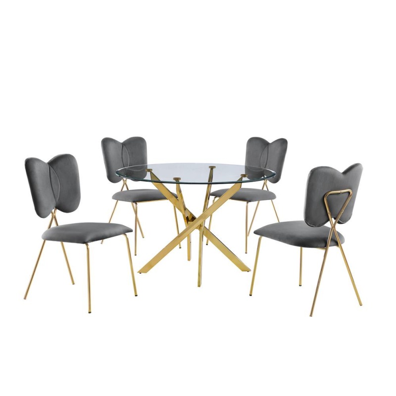 5Pc Dining Set- Round Tempered Glass Dining Table With 4 Dark Grey Velvet Chairs
