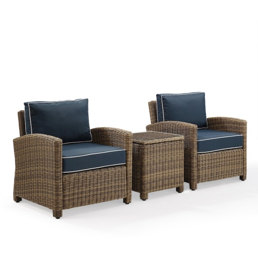 Bradenton 3Pc Outdoor Wicker Armchair Set Navy/Weathered Brown - Crosley Furniture
