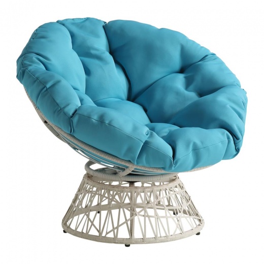 Osp Home Furnishings Papasan Chair with Blue Round Pillow Cushion and Cream Wicker Weave, BF29296CM-BL
