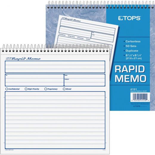 Tops Rapid Memo Book - Spiral Bound, 2 Part Carbonless Copy