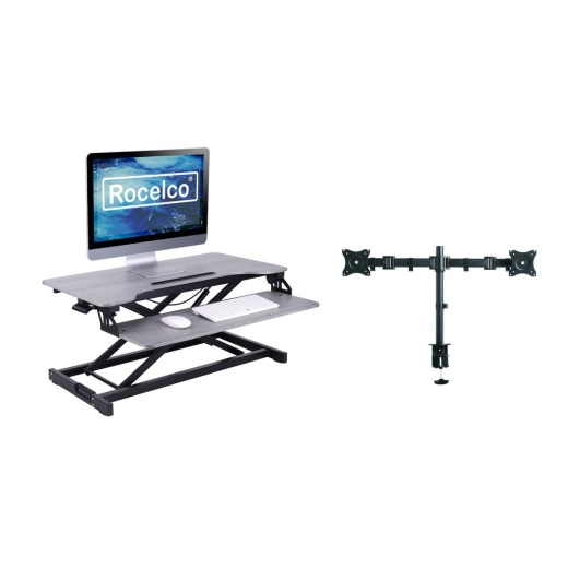 Rocelco Standing Desk Converter with Dual Monitor Mount - 31.5 Inch Sit Stand Up Tabletop Riser