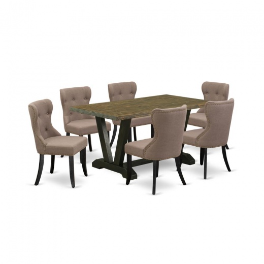 East West Furniture V676si648-7 7-Piece Dining Set- 6 Upholstered Dining Chairs With Coffee Linen Fabric Seat And Button Tufted Chair Back - Rectangular Table Top & Wooden Legs - Distressed Jacobean a
