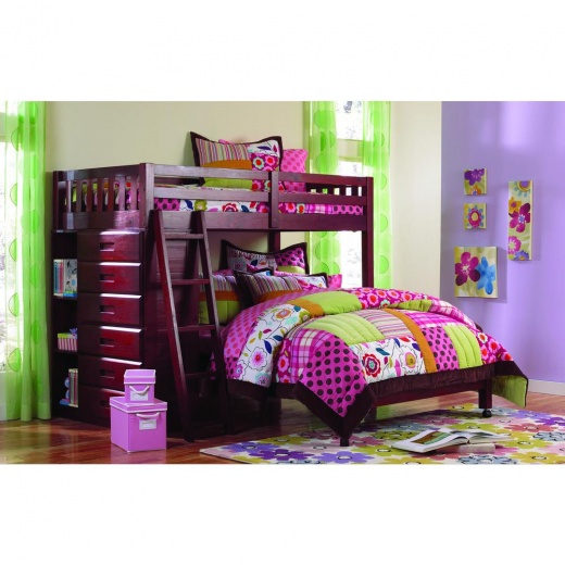 Os Home and Office Furniture Model 2806-22 - Solid Pine Twin Over Full Loft Bed with Six Drawers in Rich Merlot