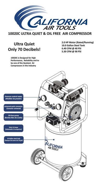 California Air Tools Ultra Quiet, Oil-Free and Powerful 10020C Air Compressor w/ Auto Drain