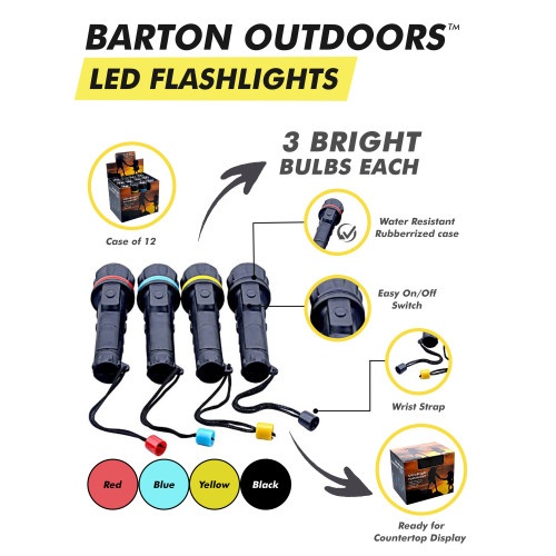 Led Flashlights - 3 Bright Bulbs Each - Easy On/Off Switch - Water-Resistant Rubberized Case -Wrist Strap - Box Of 12 - Ready For Countertop Display