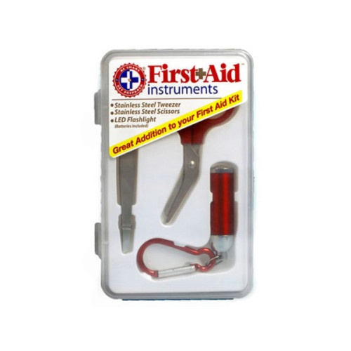 3 Pc First Aid Instrument Kit With Tweezers, Scissors & Led Flashlight In Case