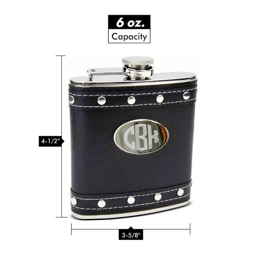 Silver Stud Black Faux Leather Hip Flask, Custom Engraved