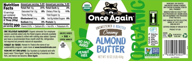Almond Butter, Creamy, Organic, No Salt - 16 Oz
