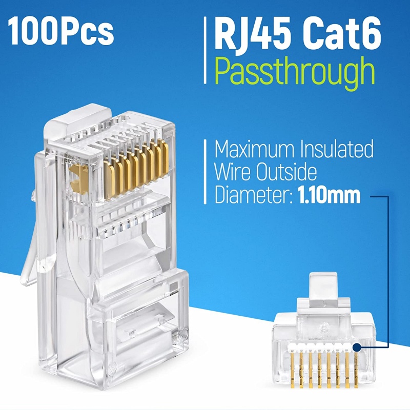 100 Piece - Rj45 Cat5 Cat5e Cat6 Pass-Through One-Piece Ethernet Network & Internet Connector Rj45 Plugs For Ip Camera, Cctv And Security Installation