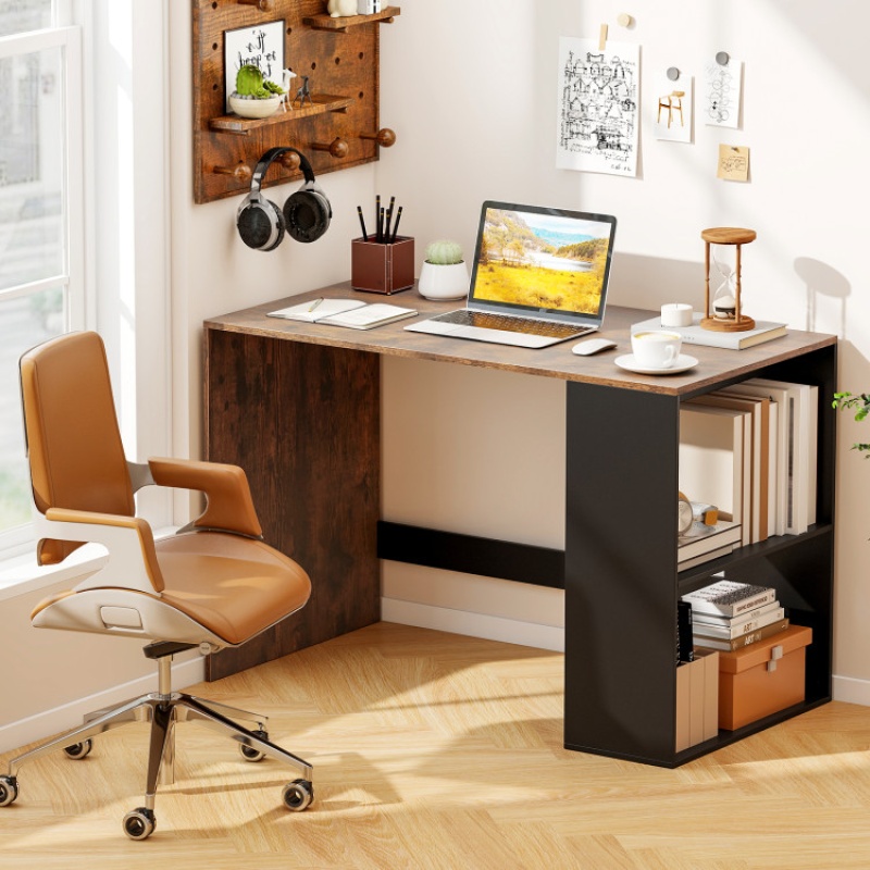 44 Inch Wooden Computer Desk With Bookshelf For Small Space-Rustic Brown And Black