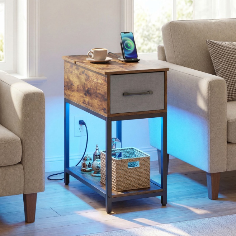 Narrow Side Table With Charging Station and LED Lights