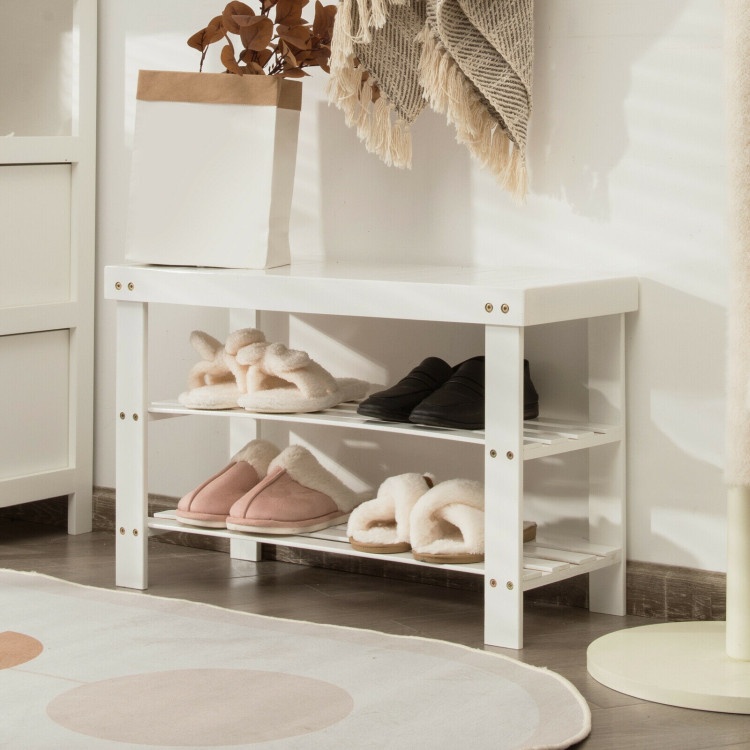 3-Tier Bamboo Shoe Bench Holds Up To 6 Pairs For Entry-White
