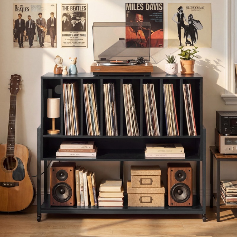 Turntable Stand With Charging Station And Vinyl Storage Shelves-Black